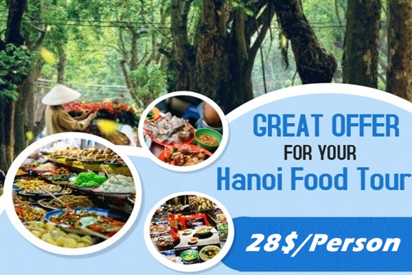 Join a Hanoi street food tour with local guide and travelers tasting traditional dishes