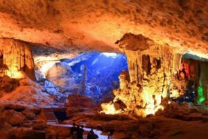 Visitors to Sung Sot Cave are treated to an unforgettable experience filled with towering stalactites and stalagmites