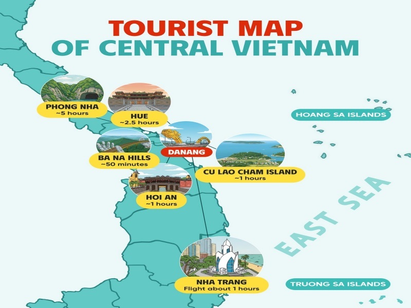 Key highlights on the map of Central Vietnam include
