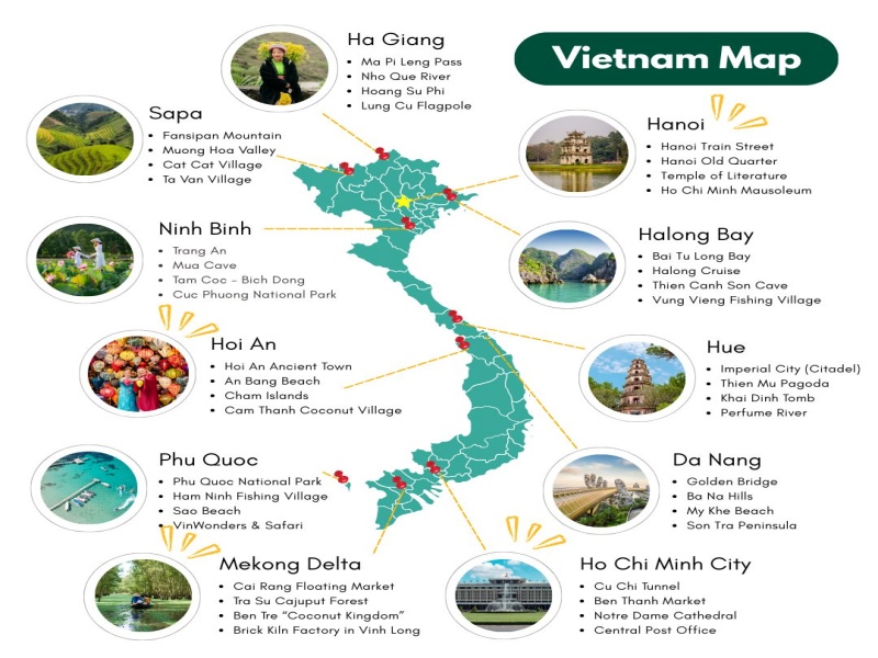 Vietnam tourist map for travelers with attractions marked