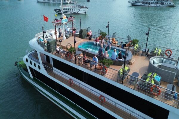 Capture epic views via free flycam on Aurora Halong Bay Luxury Day Cruise magic.